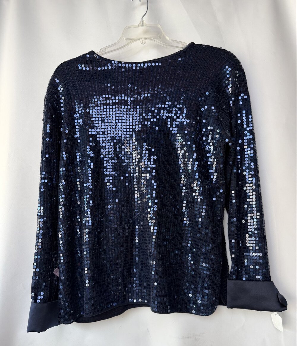 NWT Andrea Jovine Sequin Knit Top 13091 Womens Blue Crew Neck Long Sleeve Size L